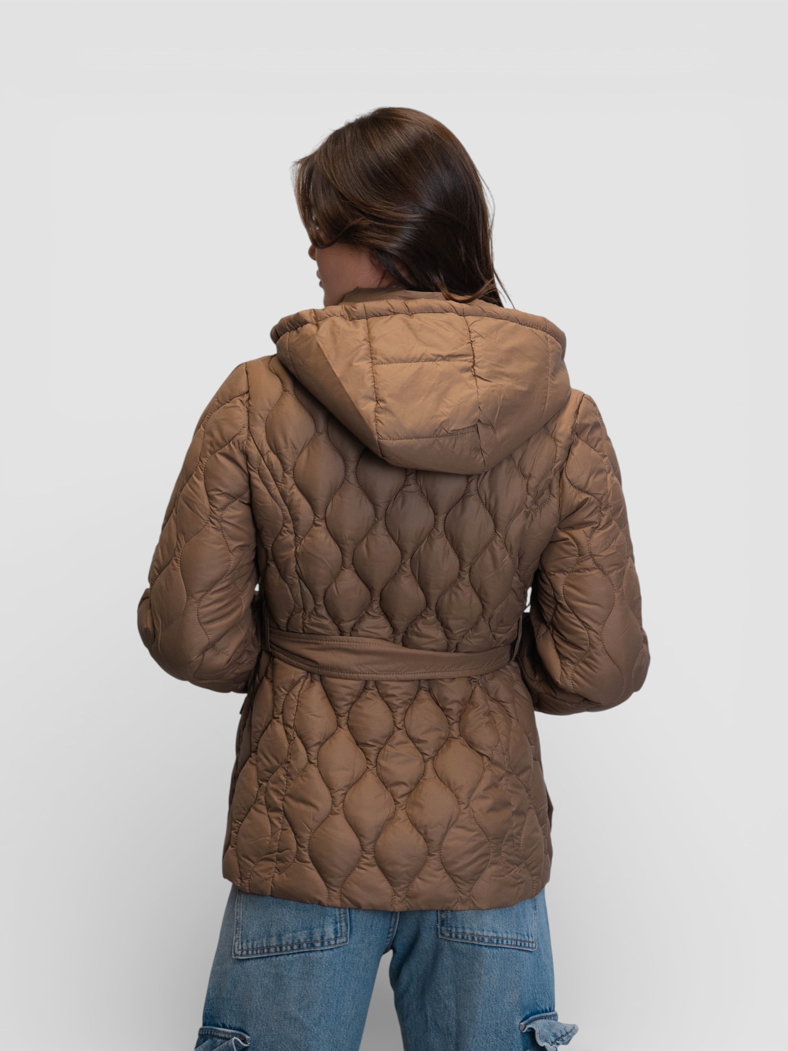 Дълго яке с колан и качулка в цвят „Таупе“