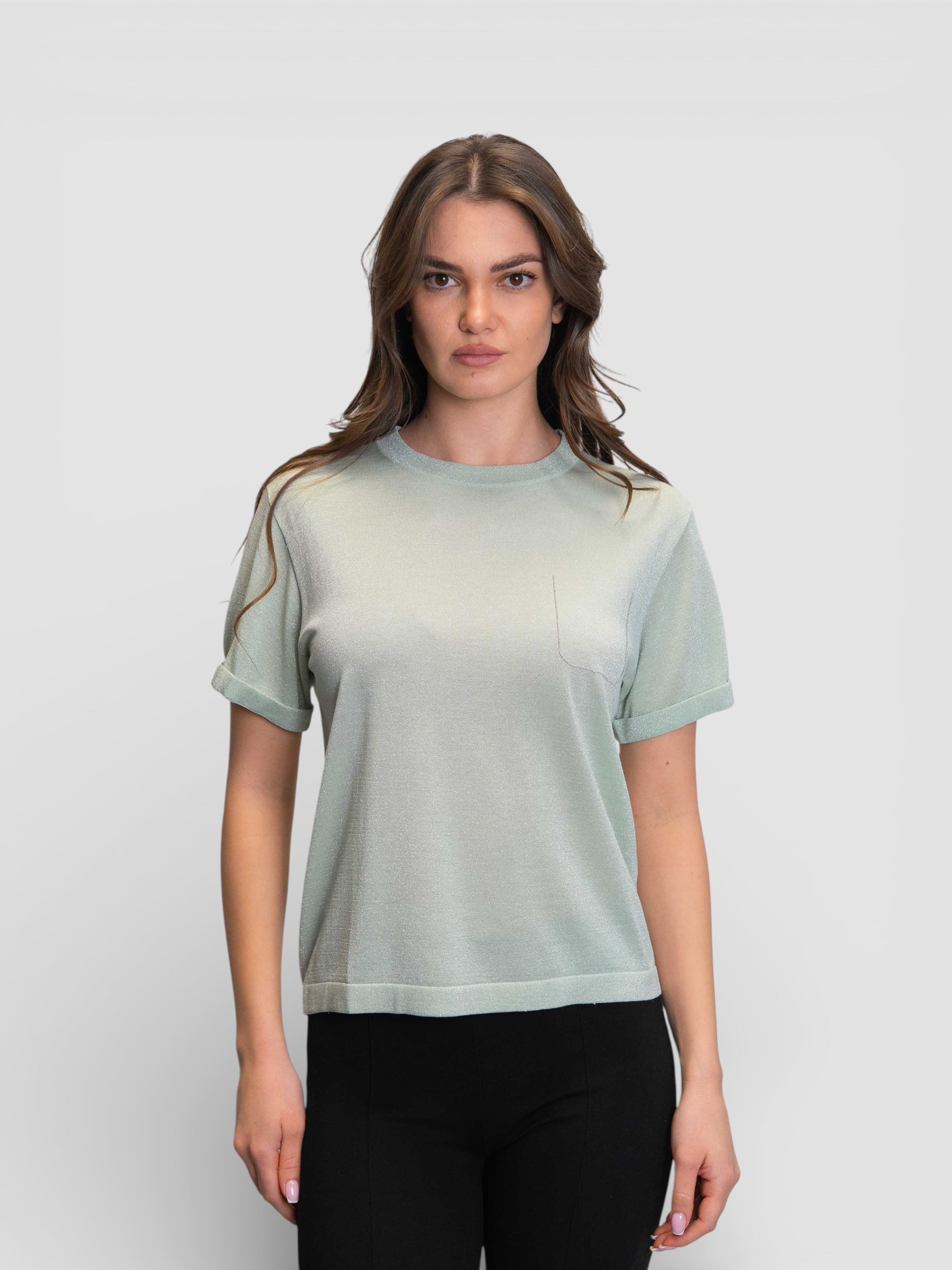 Плетена блуза с къс ръкав в цвят „Лайм“ и декоративни кантове на раменете